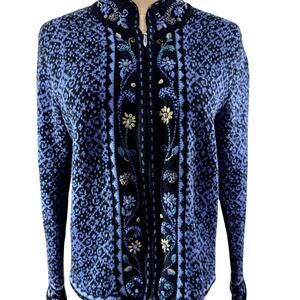 "Nomadic Traders"Full Zip 3-D Embellished Womens Sweater,Size M, Artsy,Whimsical